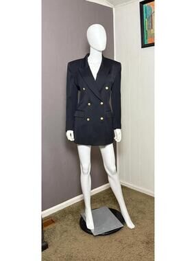 1980's Black Double Breasted Long Blazer with Gold Buttons by Jones New York M